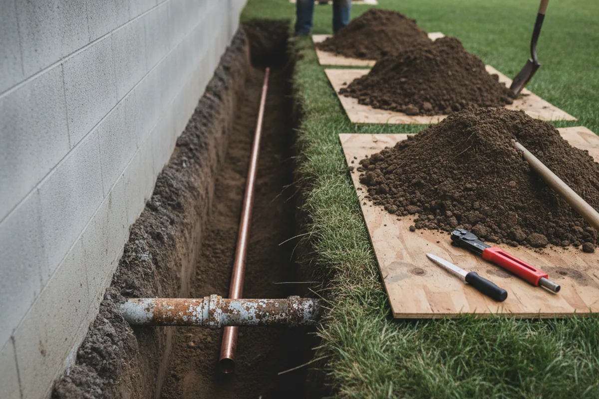 Excavated water line trench during Water Softener Installation in Haverhill
